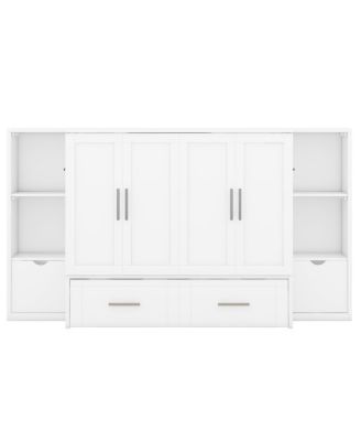 Queen Size Murphy Bed With Shelves, Drawers And USB Ports, White