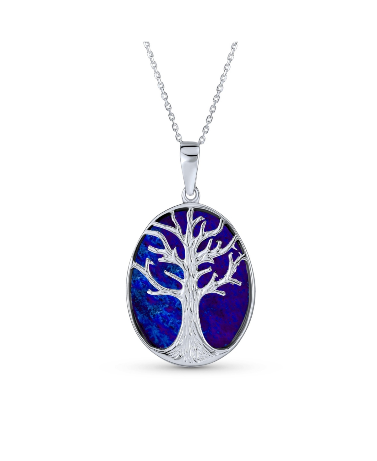 Blue Lapis Lazuli large Oval Wishing Tree Family Tree Of Life Pendant Necklace Western Jewelry For Women .925 Sterling Silver - Blue