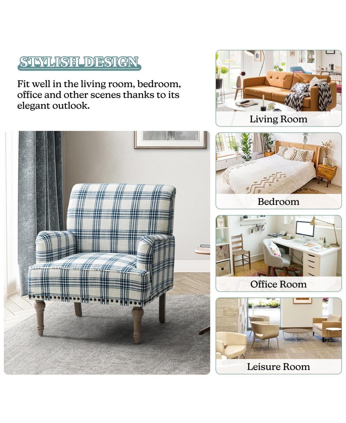 Ruarc Farmhouse Upholstered Armchair - Plaid Design Accent Chair