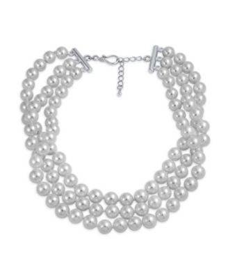 Hand Knotted 3 Row White Simulated Pearl Strand Collar Necklace Prom