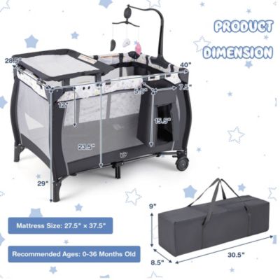 Kids Portable Playard Nursery Center Crib with Hanging Toys & Music Box