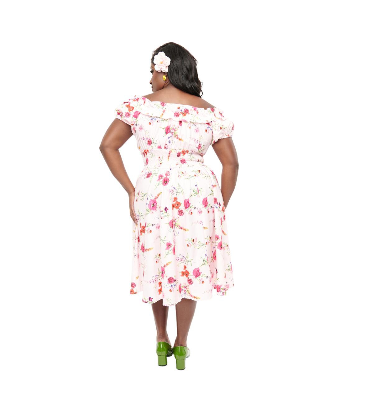 Unique Vintage Plus Size 1950s Off The Shoulder Ruffle Swing Dress