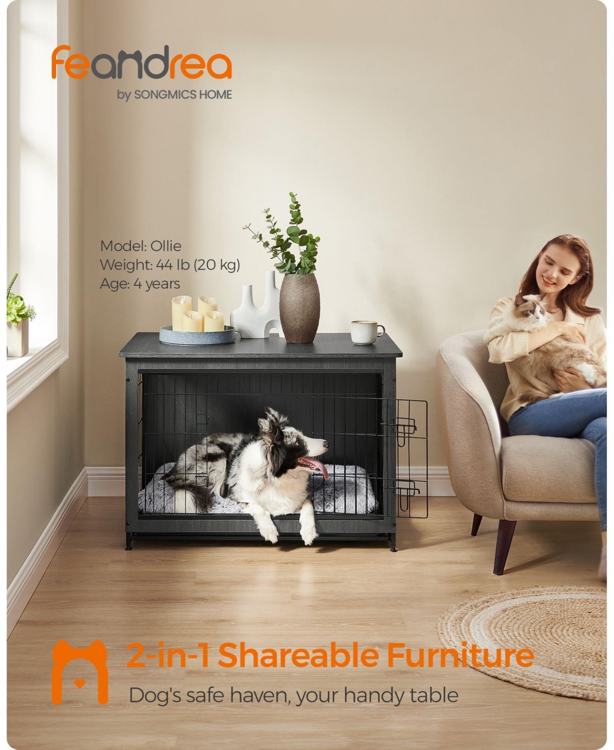 Slickblue Wooden Dog Crate, Indoor Pet Crate End Table, Dog Furniture With Removable Tray