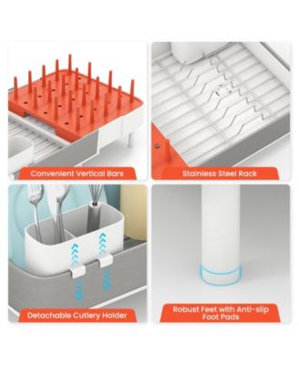 Expandable Dish Drying Rack Adjustable Dual-Part Dish Drainer with Detachable Utensil Holder