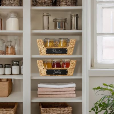 (Set of 2) Water Hyacinth Pantry Baskets with Handles and Chalkboard Labels - Espresso, Wide Woven Storage Baskets for Kitchen Shelves