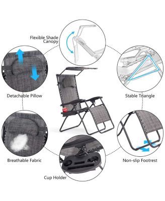 SUGIFT Folding Recliner Lounge Chair with Shade Canopy Cup Holder