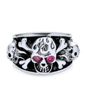 Biker Jewelry Gothic Caribbean Pirate Crossbones Multi Skull Heads Band Ring with Red CZ Eyes Oxidized Sterling Silver