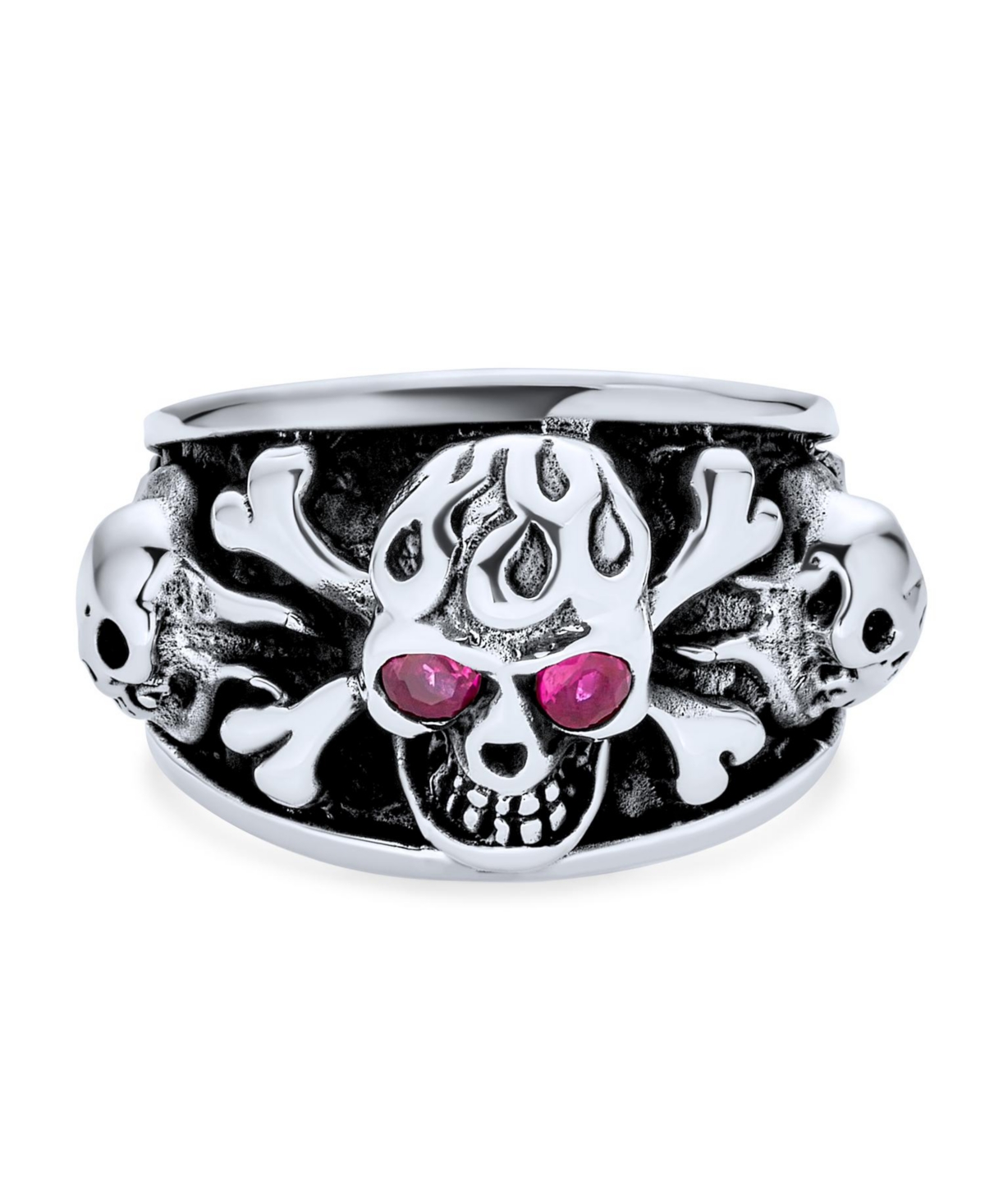 Bling Jewelry Men's Biker Jewelry Gothic Caribbean Pirate Crossbones Multi Skull Heads Band Ring with Red Cz Eyes Oxidized Sterling Silver