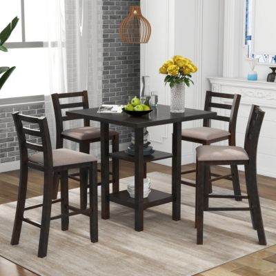 5-Piece Wooden Counter Height Dining Set With Padded Chairs And Storage Shelving