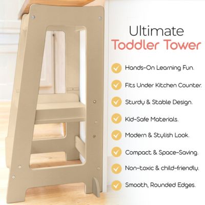 Toddler Tower with Adjustable Step, White Montessori-Inspired Toddler Step Stool, Standing Tower for Kids, Fits Under Kitchen Counters, Adjustable for 18 Month - 5 Years