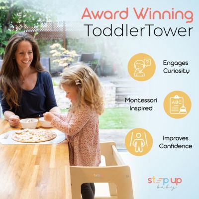 Toddler Tower with Adjustable Step, White Montessori-Inspired Toddler Step Stool, Standing Tower for Kids, Fits Under Kitchen Counters, Adjustable for 18 Month - 5 Years