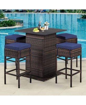 5 Pieces Patio Rattan Cushioned Bar Furniture Set with Hidden Storage Shelf
