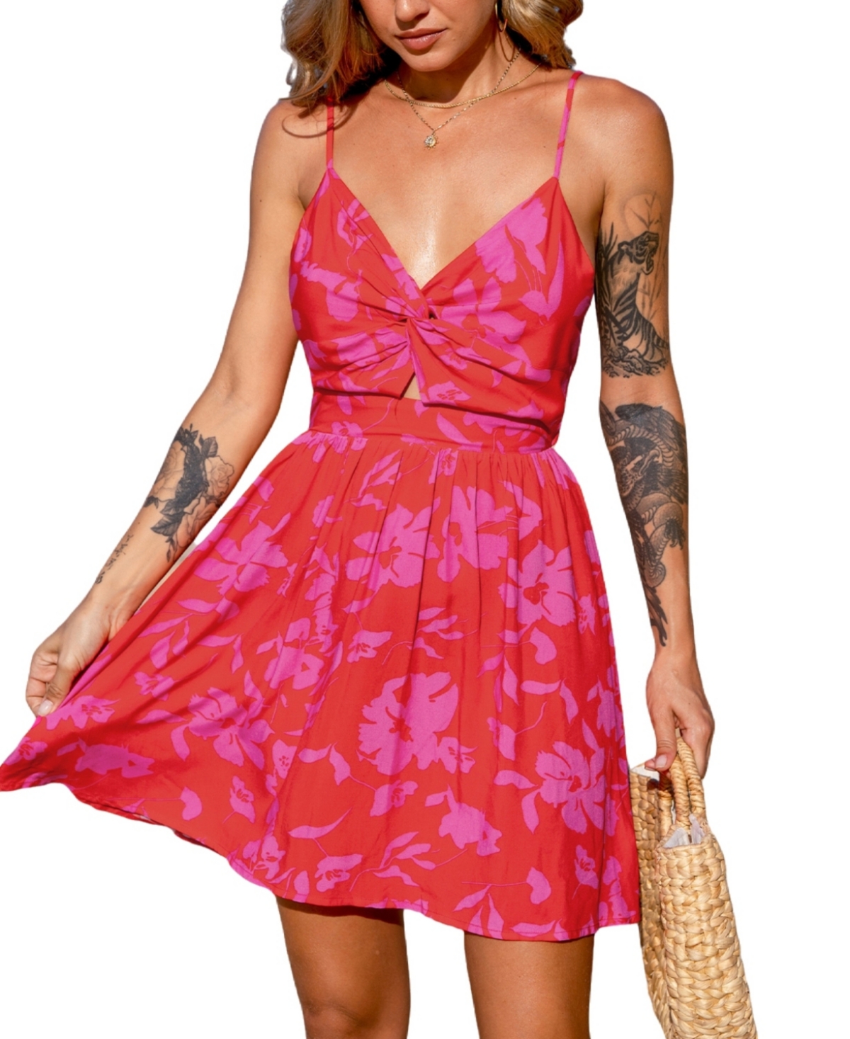Women's Floral Print Twist Mini Beach Dress - Red