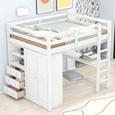 Streamdale Full Size White Loft Bed with Wardrobe, Desk, and Storage