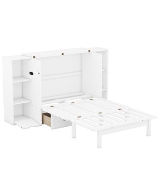 Queen Size Murphy Bed With Shelves, Drawers And USB Ports, White