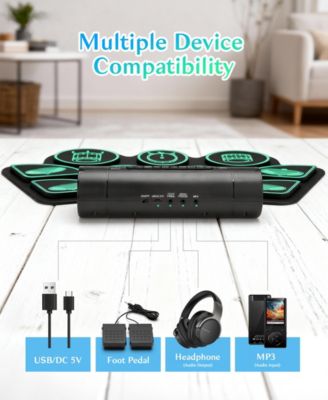 Kids Roll-Up Electronic Drum Set with Speakers, Headphone Jack & Foot Pedals - Green