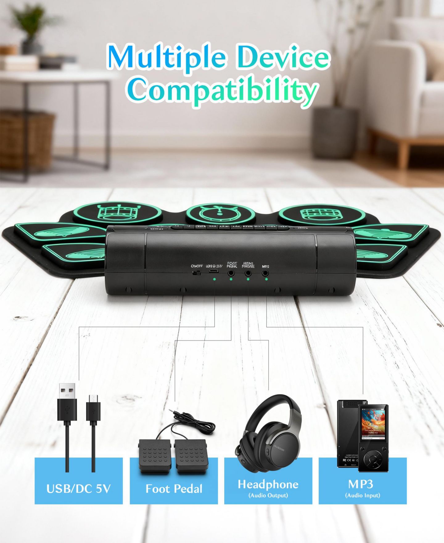 Детские игрушки SUGIFT Kids Roll-Up Electronic Drum Set with Speakers, Headphone Jack & Foot Pedals - Green, цвет: Зелёный — фото 5
