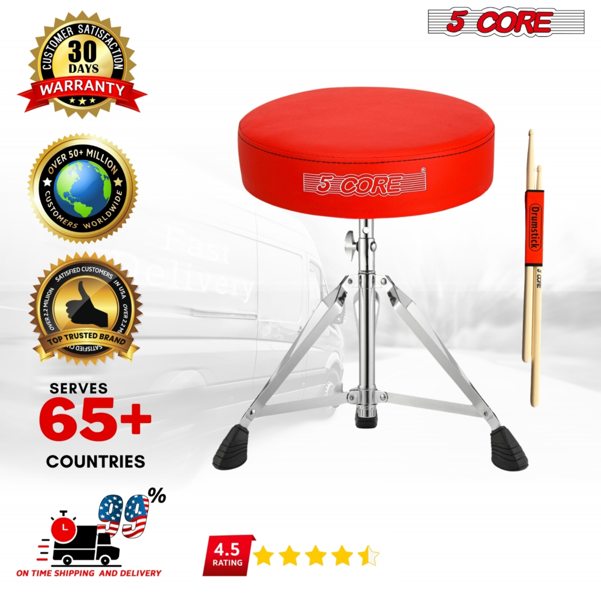5 Core Drum ThroneHeight Adjustable Guitar Stool Thick Padded Memory Foam Dj Chair Seat - Ds Ch- Red