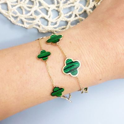 Large Malachite Clover Bracelet 14K Gold