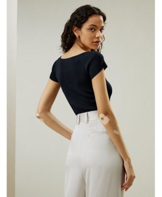 Women's Sweetheart Neck Ribbed Silk Knit Top