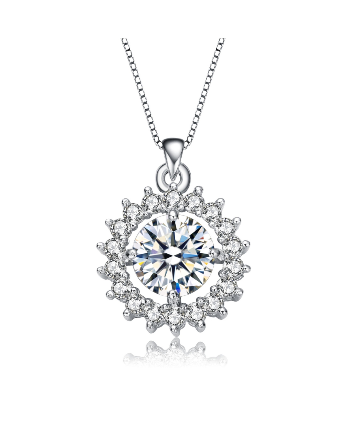 White Gold Plated Round Cubic Zirconia Flower Style Pendant Necklace - Silver