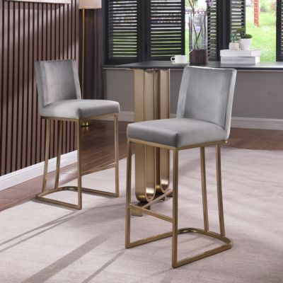  Set of 2 Modern Velvet Bar Stools in Gold/Grey