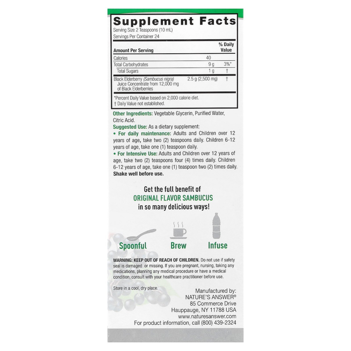 Nature's Answer Sambucus Black Elderberry Alcohol-Free 12 000 mg - 8 fl (240 ml) - Assorted Pre-pack (See Table 9