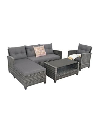 4 Pieces Patio Rattan Furniture Set with Cushion and Table Shelf