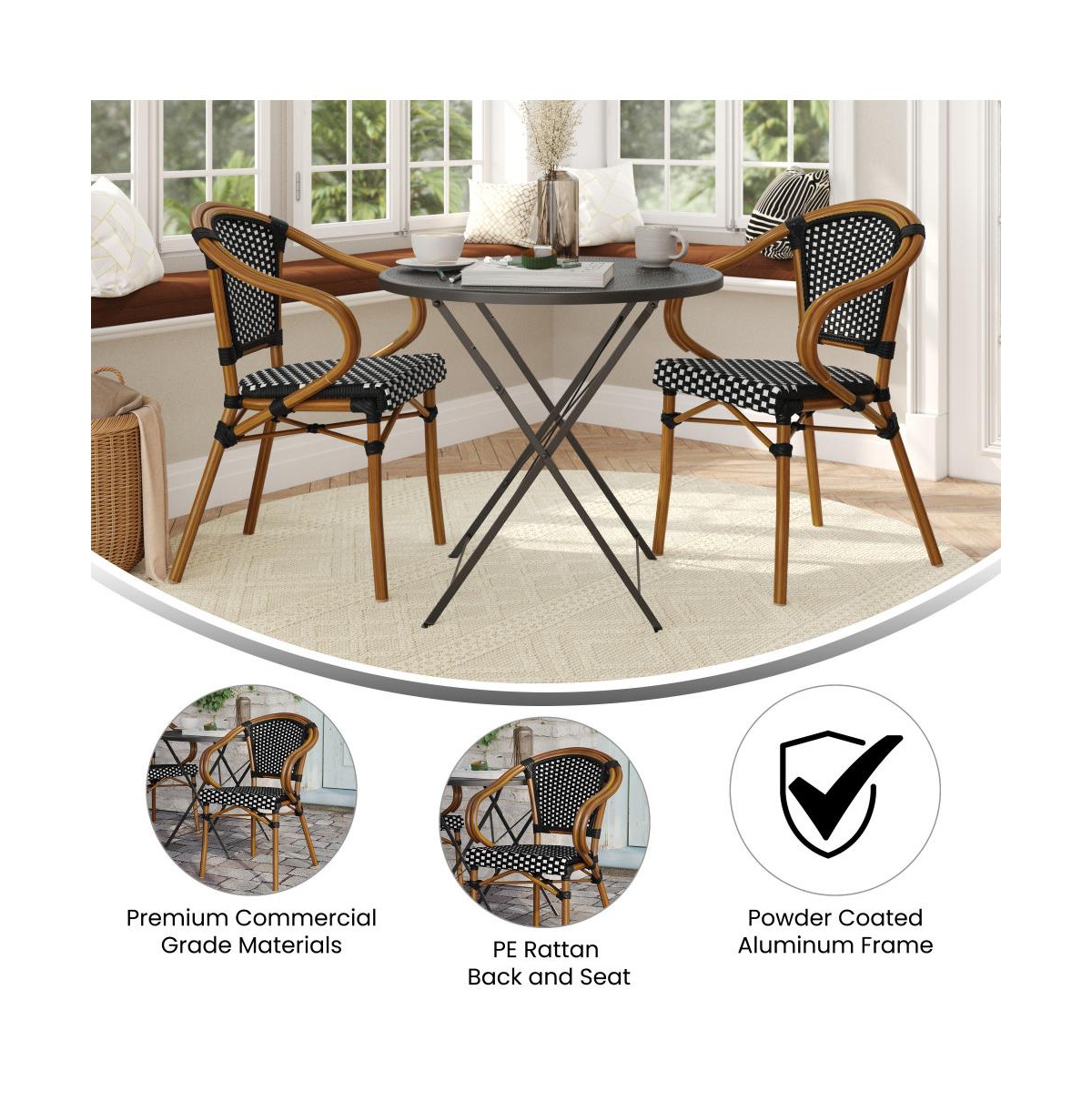 Merrick Lane Sacha Set Of Two Stacking Thonet Bistro Style Chair With Arms, Pe Rattan Seat, And Bamboo Metal Frame For Indoor/Outdoor Use