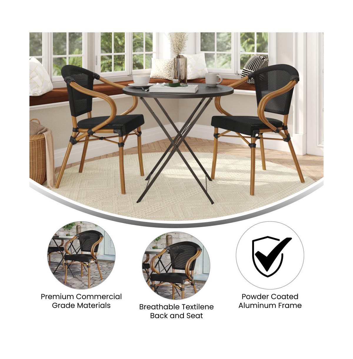 Merrick Lane Mael Set Of Two Stacking Thonet Bistro Style Chair With Arms, Textilene Seat, And Bamboo Finished Metal Frame For Indoor/Outdoor Use - Bl