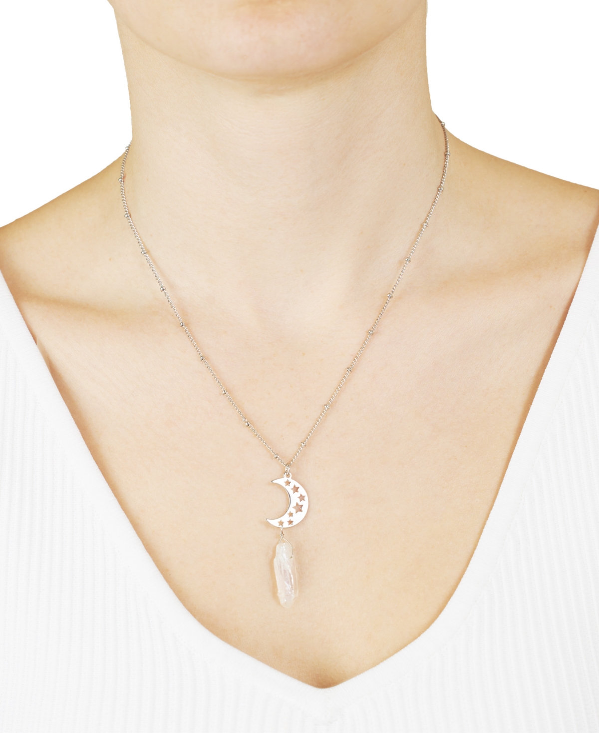 MACY'S AURORA BOREALIS OR MYSTIC QUARTZ SILVER PLATED CUT-OUT STARS HALF MOON NECKLACE 