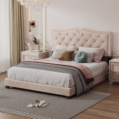 Streamdale Modern Velvet Queen Bed with Rivet Headboard