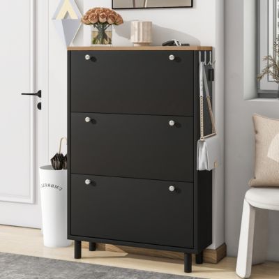 3-Drawer Shoe Cabinet with Hooks and Adjustable Panel