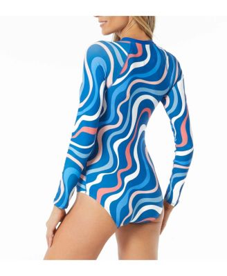 Women's Sculpt Long Sleeve Zip Front Striped One Piece Swimsuit