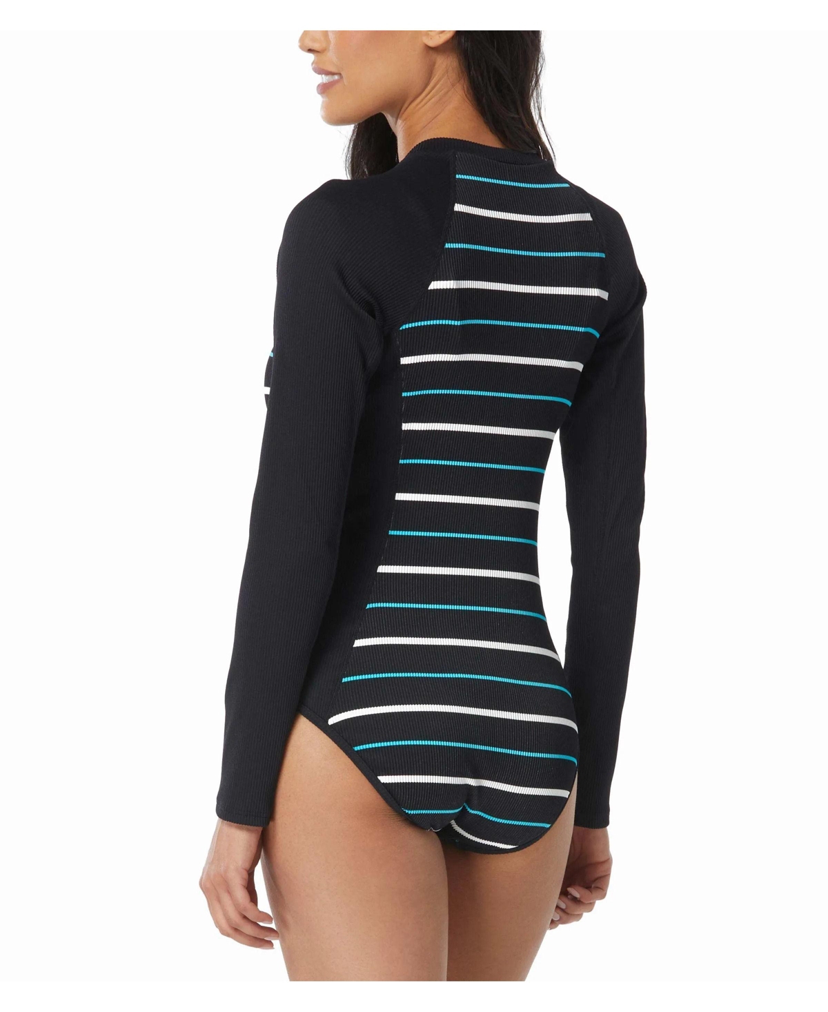 Beach House Sport Women's Sculpt Long Sleeve Zip Front Laguna Stripe One Piece Swimsuit - 001 black