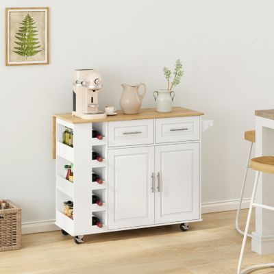  White Kitchen Island Cart with Storage and Foldable Table