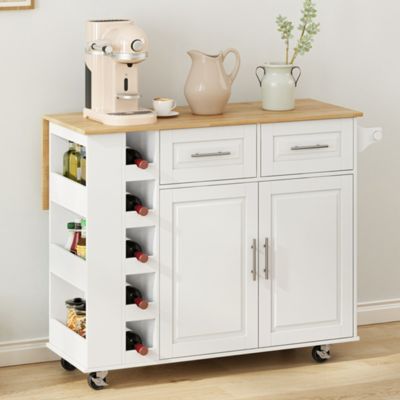  White Kitchen Island Cart with Storage and Foldable Table