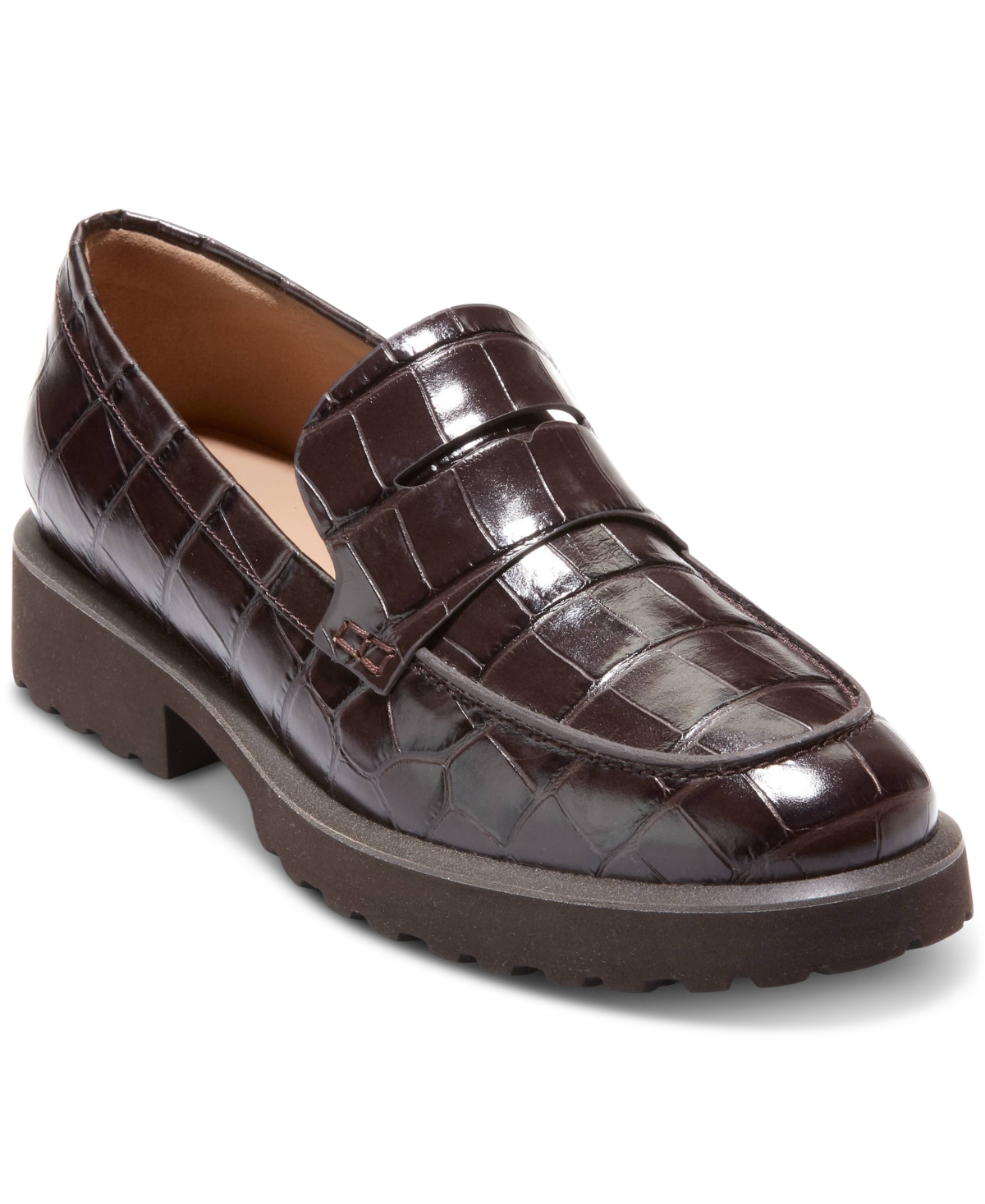 Cole Haan Geneva Platform Penny Loafer In Dark Chocolate Croc Print Leather