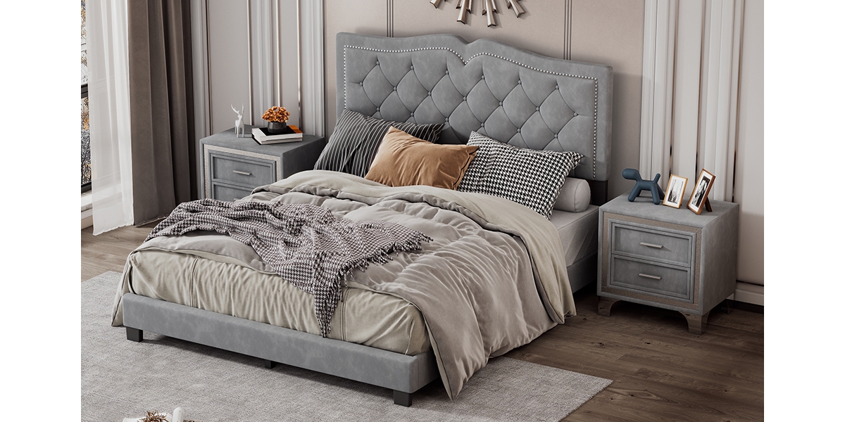 Streamdale Furniture Size Upholstered Bed Frame With Rivet Design, Modern Velvet Platform Bed With Tufted Headboard