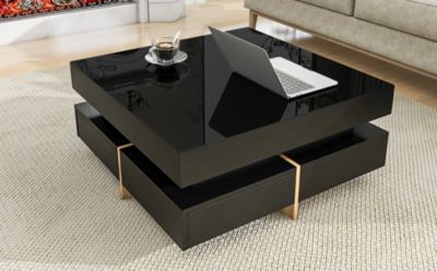 High Gloss Coffee Table with 4 Drawers, Multi Storage, Wood Grain Legs