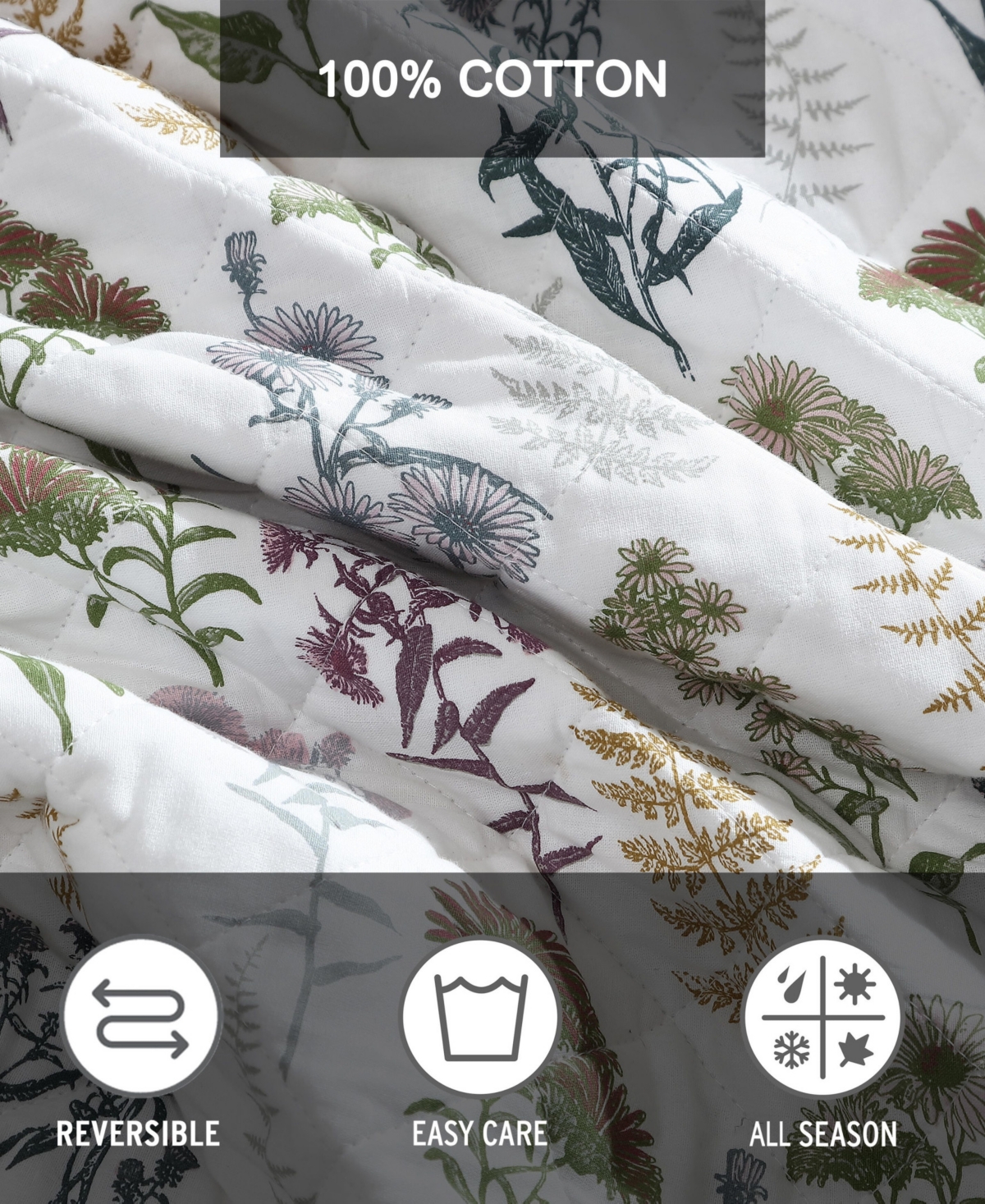 Eddie Bauer Flower Field Reversible 3 Piece Quilt Set, Full/queen In White,grey,green