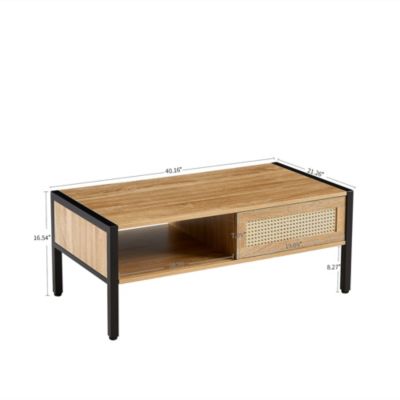Modern Rattan Coffee Table with Sliding Door Storage