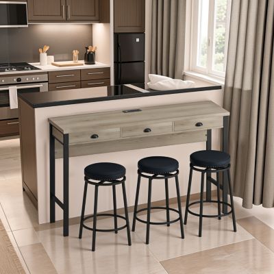  3-Drawer Dining Table & Kitchen Set w/ Power Outlets and PU Stools