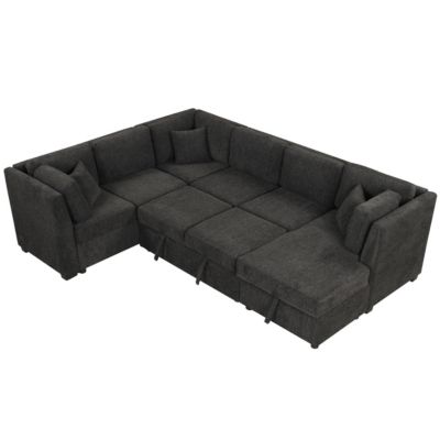 Modern U-Shape Sofa Bed with Power & USB, Storage