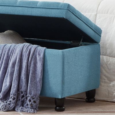 Button Tufted Storage Bench - Light Blue Linen