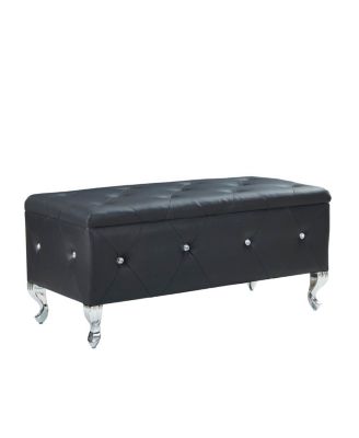 Faux Leather Storage Ottoman Bench with Crystal Buttons