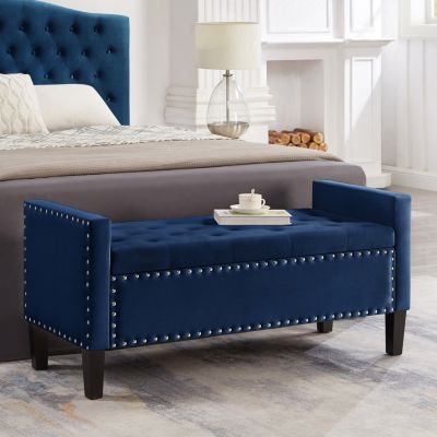 Navy Storage Bench with Tufted Seat & Armrest