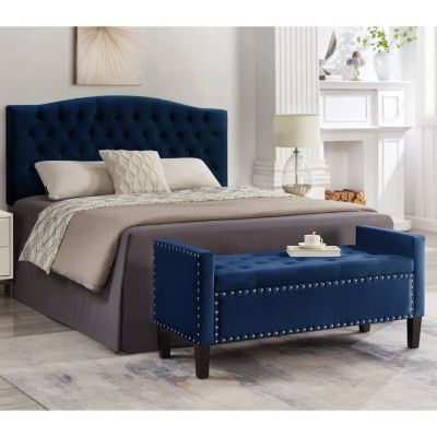 Navy Storage Bench with Tufted Seat & Armrest