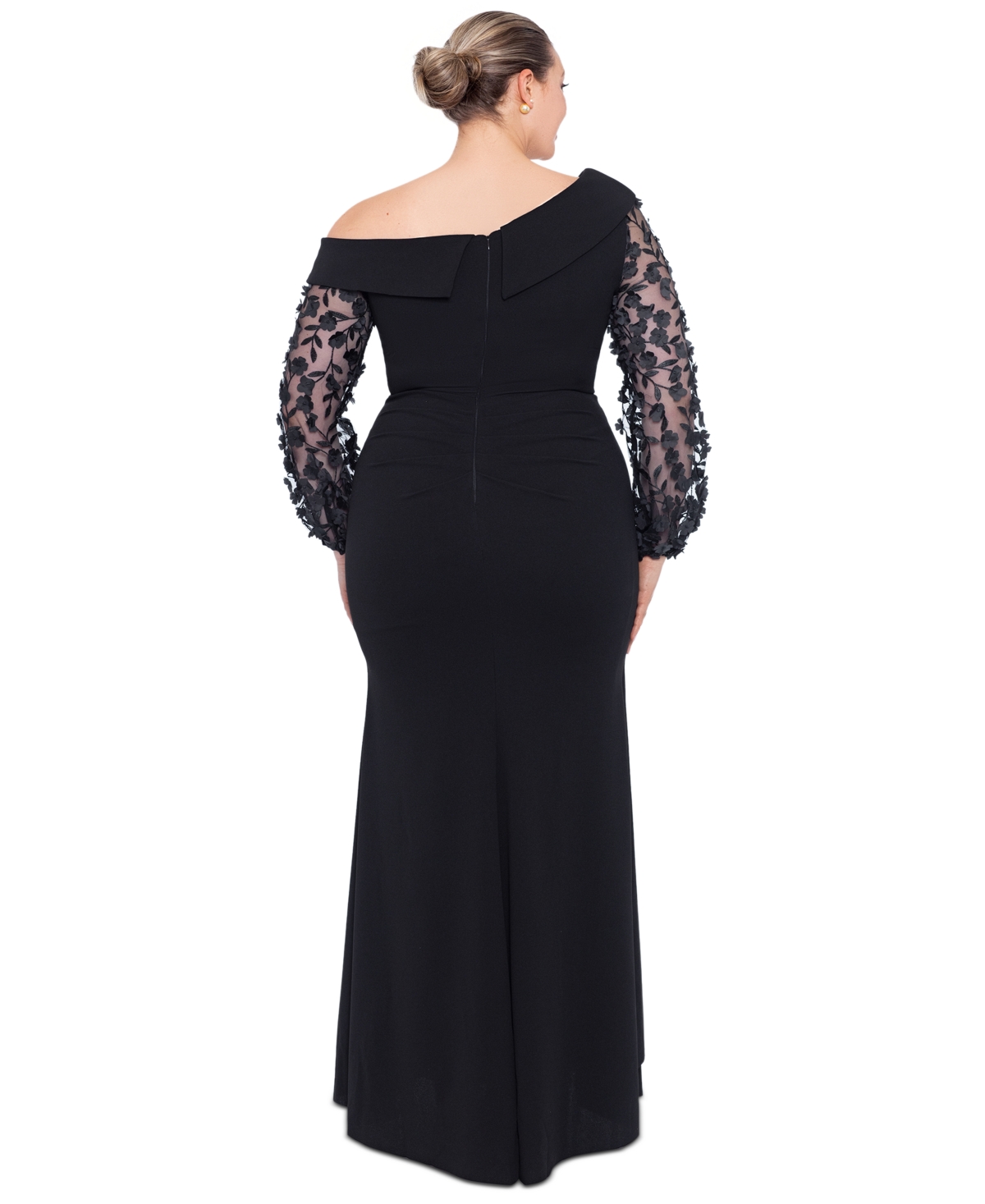 Xscape Plus Size Off-the-shoulder Floral-sleeve Gown In Black