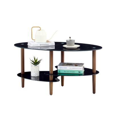Modern 3-Layer Glass Coffee Table with Oak Wood Legs